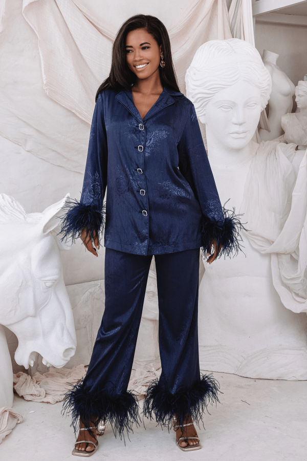 HELEN Feather Trim Satin Jacquard Pyjama In Navy - Image 3
