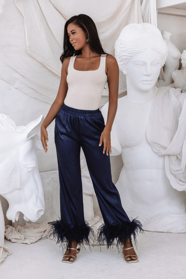 HELEN Feather Trim Satin Jacquard Pyjama In Navy - Image 6