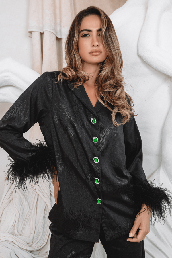 SYDNEY Feather Trim Satin Jacquard Pyjama in Black - Image 3