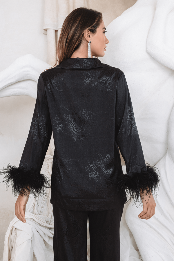 SYDNEY Feather Trim Satin Jacquard Pyjama in Black - Image 4