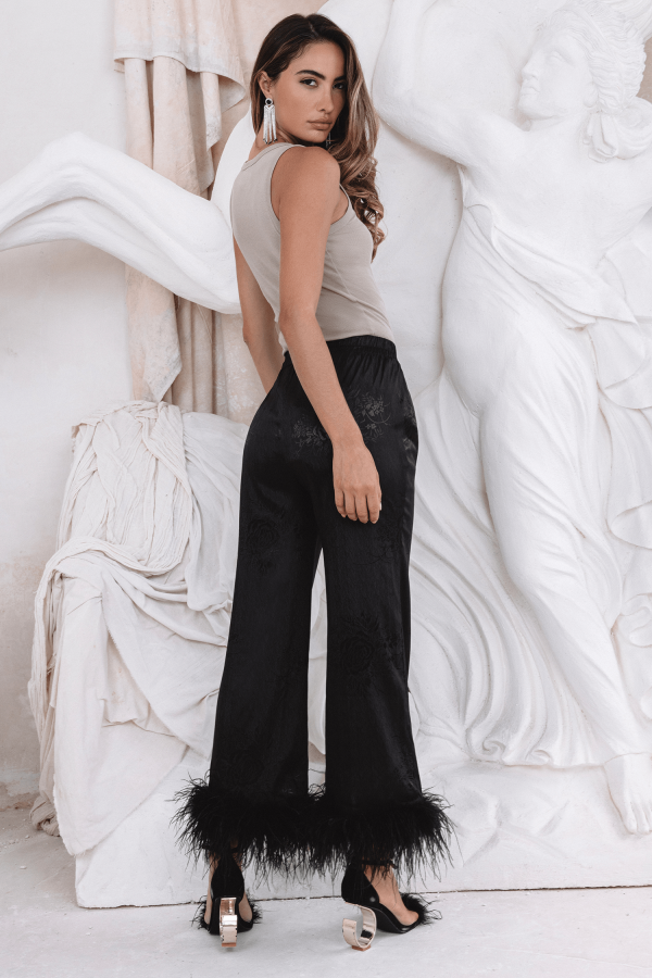 SYDNEY Feather Trim Satin Jacquard Pyjama in Black - Image 6