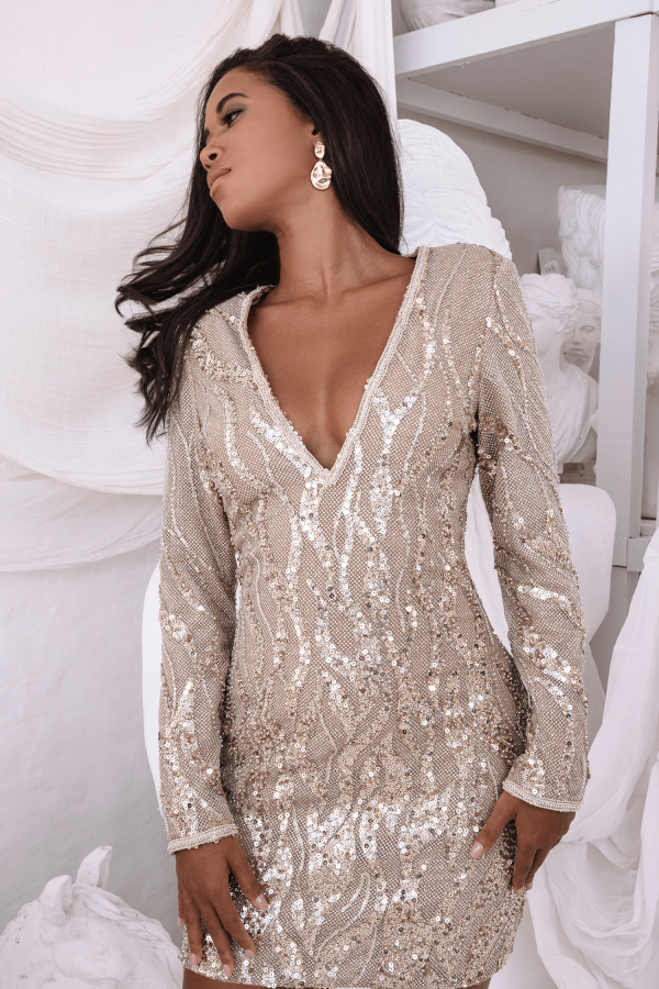 OPHELIA Embellished Sequin Print Mini Dress in Gold - Image 2