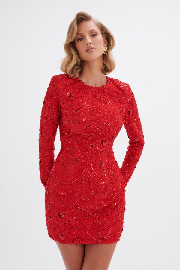 AURORA Embellished Mini Dress in Red - Image 4