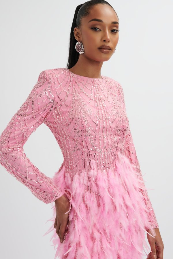 SELENE Embellished Feather Mini Dress In Pink - Image 2