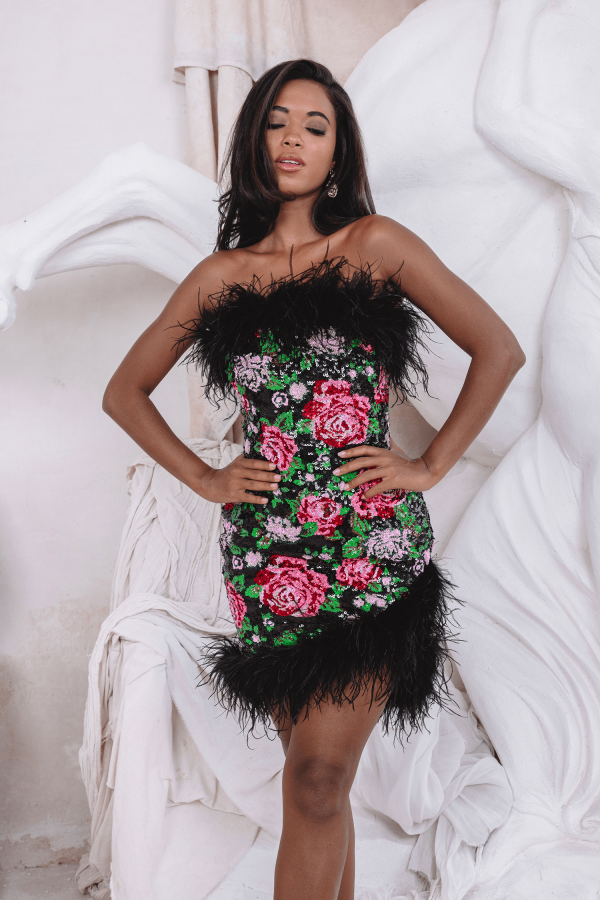 FRANCESCA Feather Bandeau Mini Dress in Bespoke Rose Sequin - Image 3