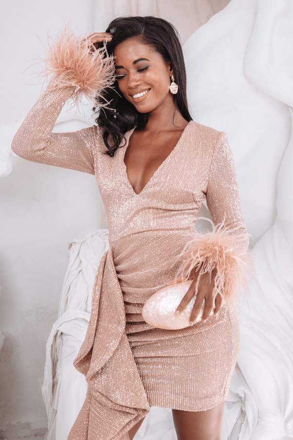 APHRODITE Draped Skirt Pleated Sequin Mini Dress in Rose Gold - Image 3