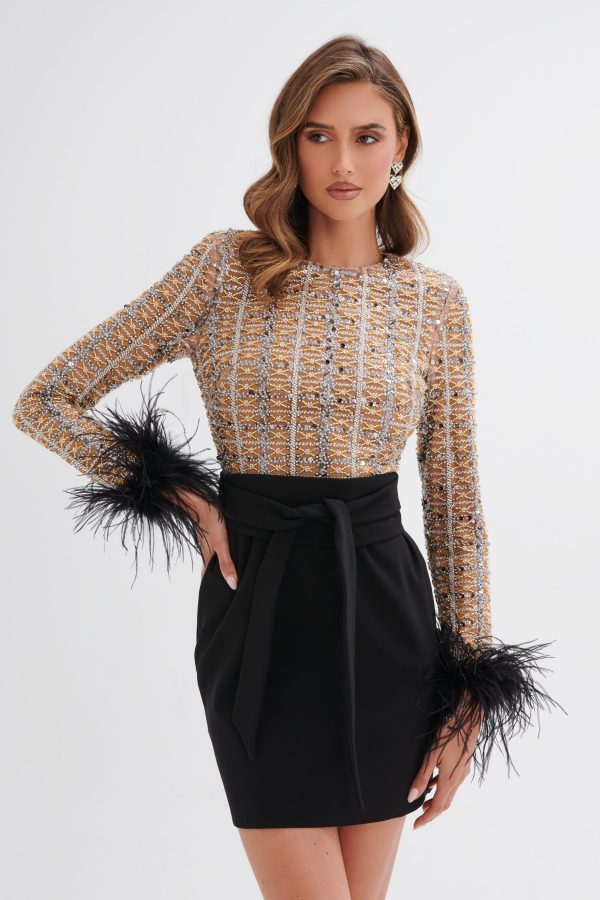 MEDINA Embellished Feather Cuff Mini Dress In Black - Image 3