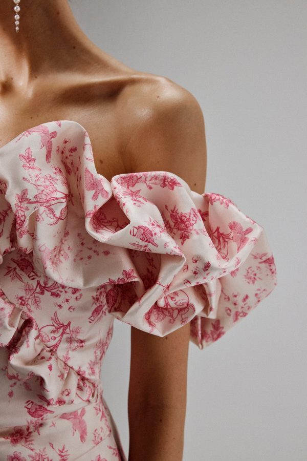 CARRIE Bonded Satin Bardot Mini Dress in Pink Porcelain Print - Image 2
