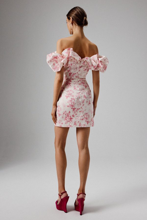 CARRIE Bonded Satin Bardot Mini Dress in Pink Porcelain Print - Image 4