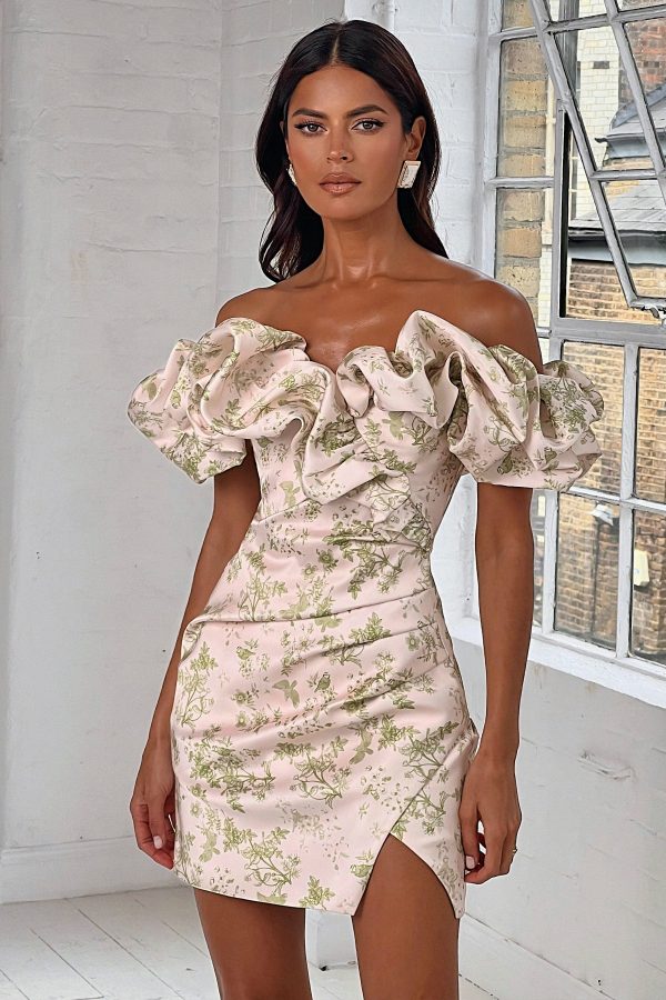 CARRIE Bonded Satin Bardot Mini Dress in Green Porcelain Print - Image 2