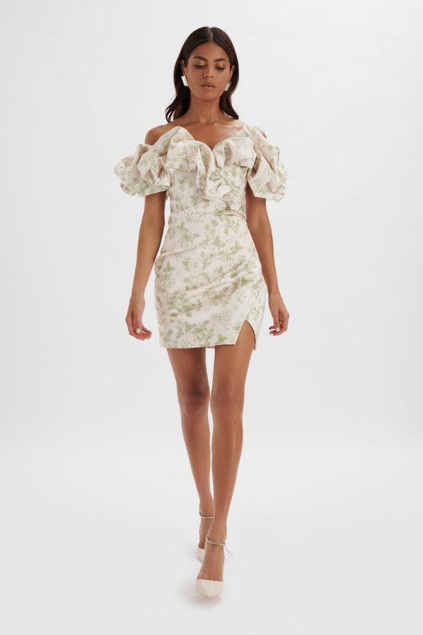 CARRIE Bonded Satin Bardot Mini Dress in Green Porcelain Print - Image 3