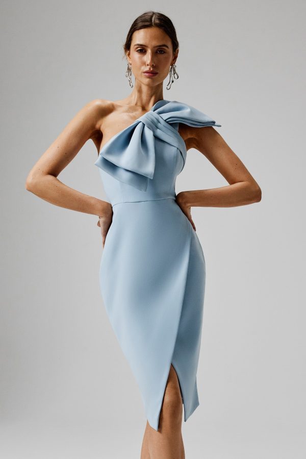 CAMERON One Shoulder Statement Bow Midi Dress in Dusty Blue - Image 2