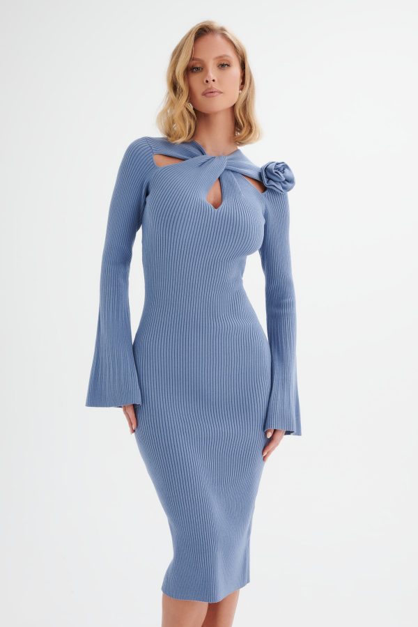 ALIA Knitted Ribbed Corsage Midi Dress In Cornflower Blue - Image 2