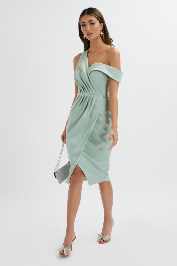 MAJA One Shoulder Pleated Bonded Satin Midi Dress in Sage Green - Image 2
