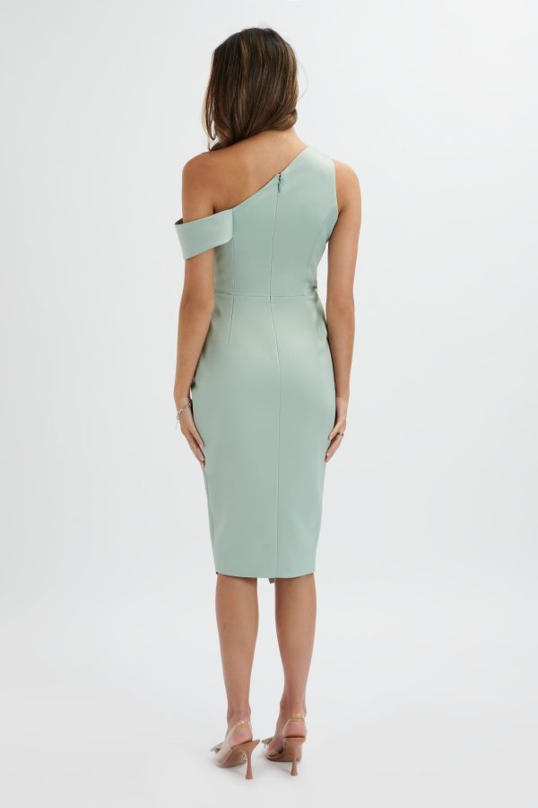 MAJA One Shoulder Pleated Bonded Satin Midi Dress in Sage Green - Image 3