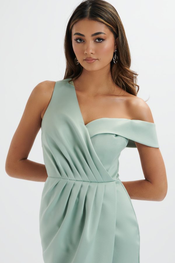 MAJA One Shoulder Pleated Bonded Satin Midi Dress in Sage Green - Image 4
