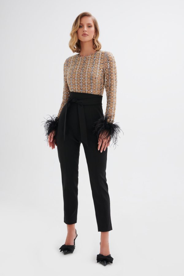 DELIA Embellished Feather Cuff Jumpsuit In Black - Image 2