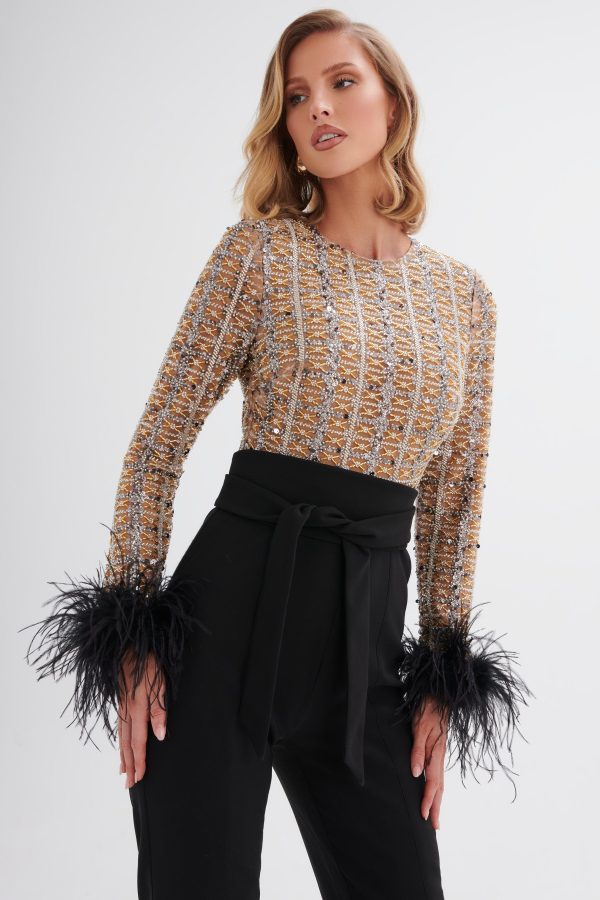 DELIA Embellished Feather Cuff Jumpsuit In Black - Image 3