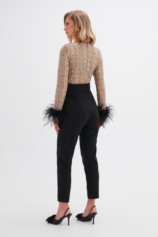 DELIA Embellished Feather Cuff Jumpsuit In Black - Image 4