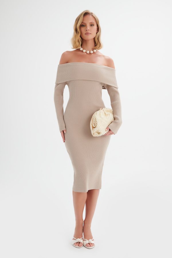 SUNDAY Knitted Rib Bardot Midi Dress In Beige