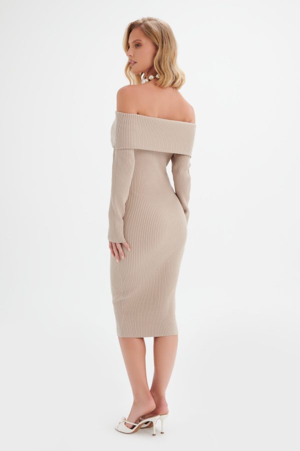 SUNDAY Knitted Rib Bardot Midi Dress In Beige - Image 5