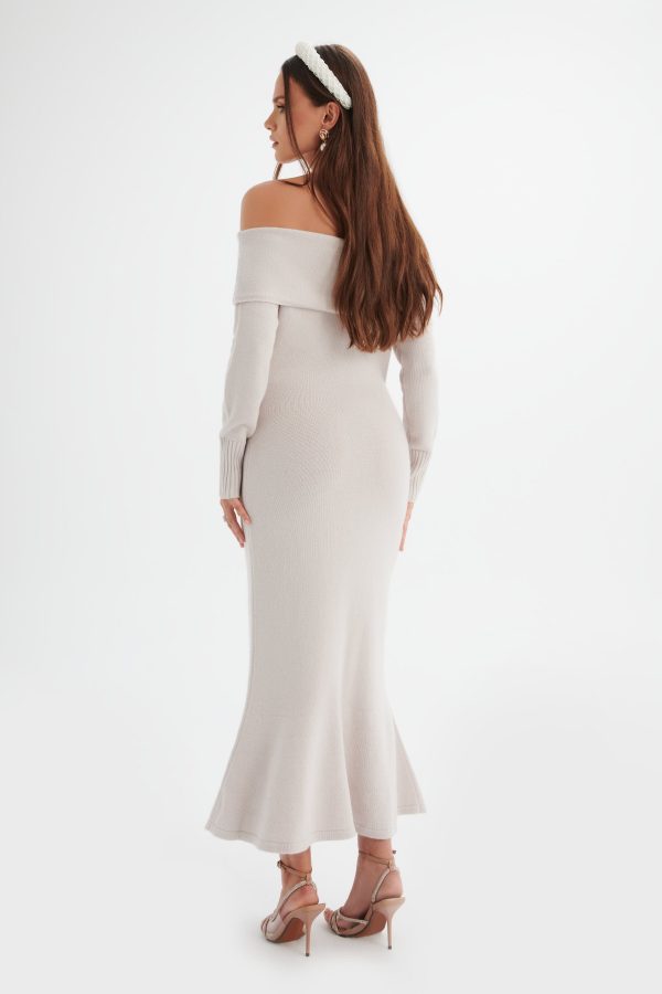 CLOVER Knitted Wool Bardot Midi Dress In Stone - Image 3