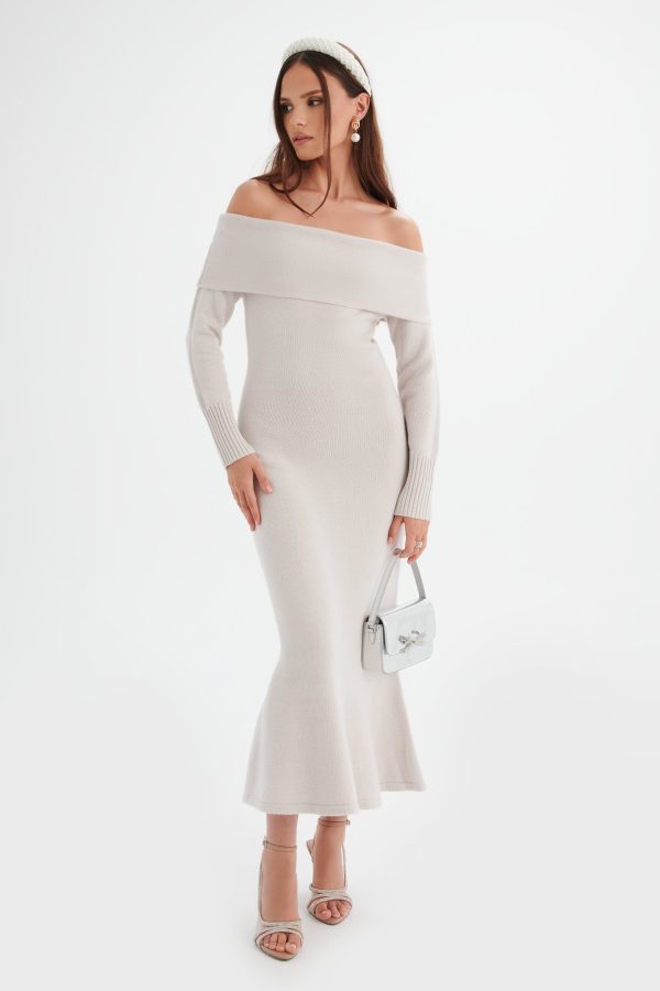 CLOVER Knitted Wool Bardot Midi Dress In Stone - Image 4