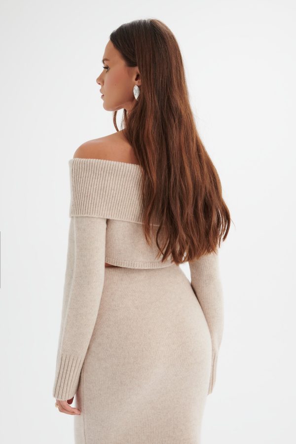AVANI Knitted Wool Bardot Cropped Top In Stone - Image 4