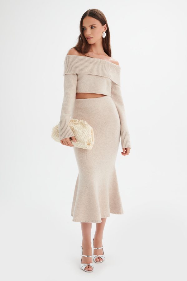 AVANI Knitted Wool Bardot Cropped Top In Stone - Image 5
