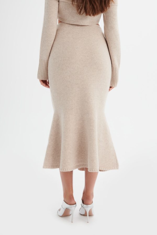 ELENI Knitted Wool Fit & Flare Midi Skirt In Stone - Image 2