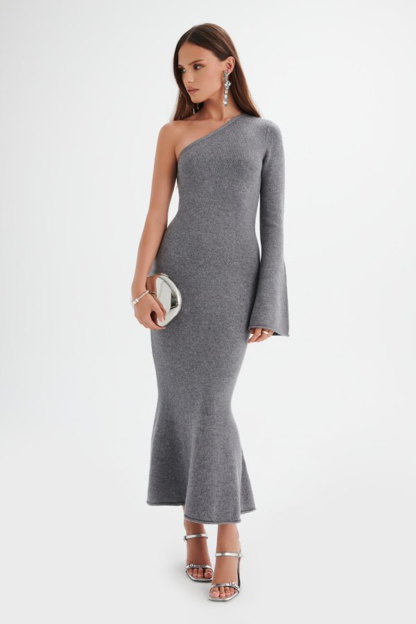 HUDA Knitted Asymmetric Fit & Flare Midi Dress In Grey