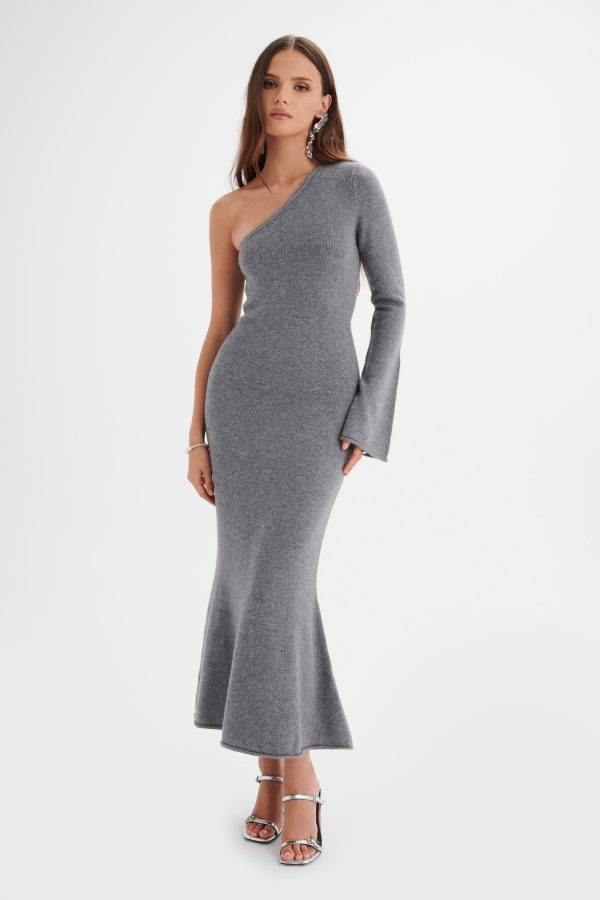 HUDA Knitted Asymmetric Fit & Flare Midi Dress In Grey - Image 3