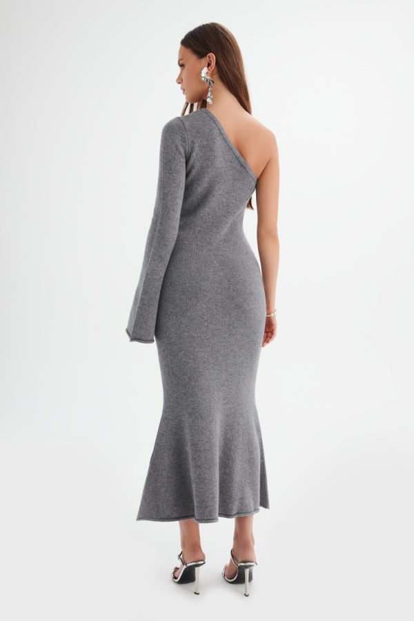 HUDA Knitted Asymmetric Fit & Flare Midi Dress In Grey - Image 4