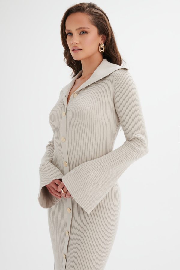 PARKER Knitted Ribbed Fit & Flare Collared Dress In Stone - Image 2