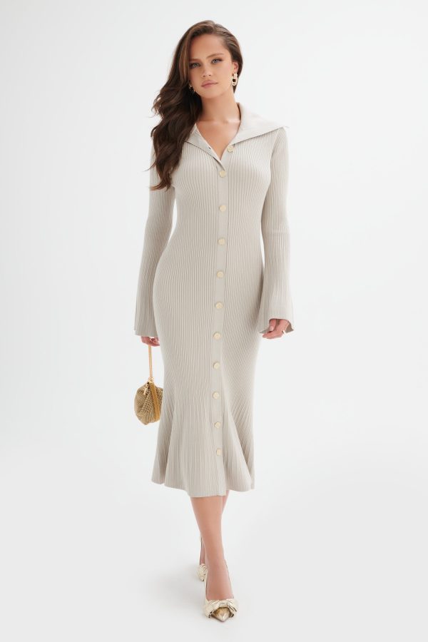 PARKER Knitted Ribbed Fit & Flare Collared Dress In Stone - Image 3