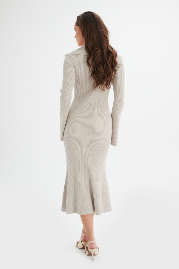 PARKER Knitted Ribbed Fit & Flare Collared Dress In Stone - Image 4