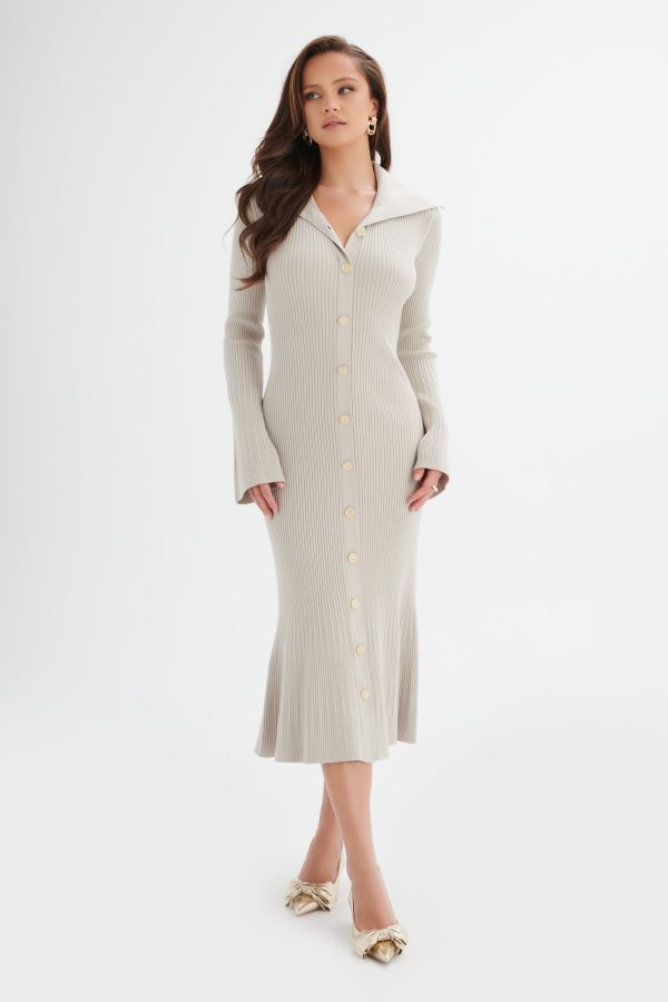 PARKER Knitted Ribbed Fit & Flare Collared Dress In Stone - Image 5
