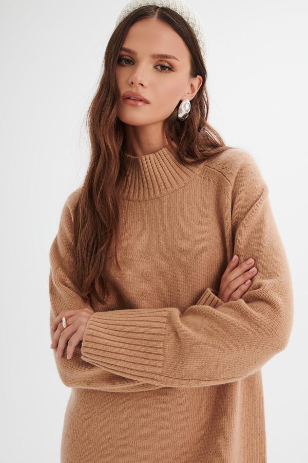 LILIAN Knitted Cashmere Mini Jumper Dress In Camel - Image 2