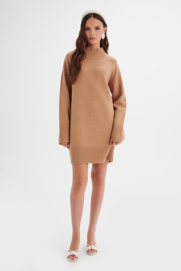 LILIAN Knitted Cashmere Mini Jumper Dress In Camel - Image 3