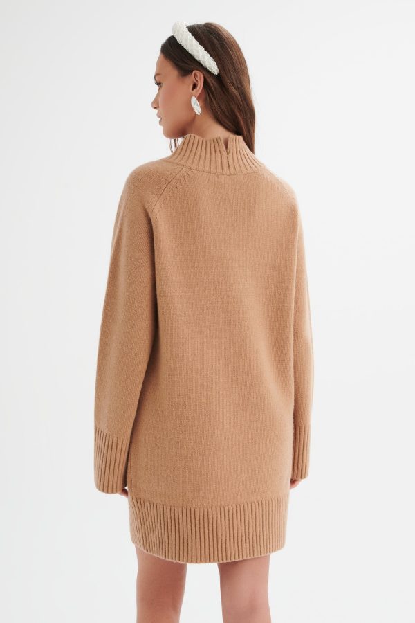 LILIAN Knitted Cashmere Mini Jumper Dress In Camel - Image 4