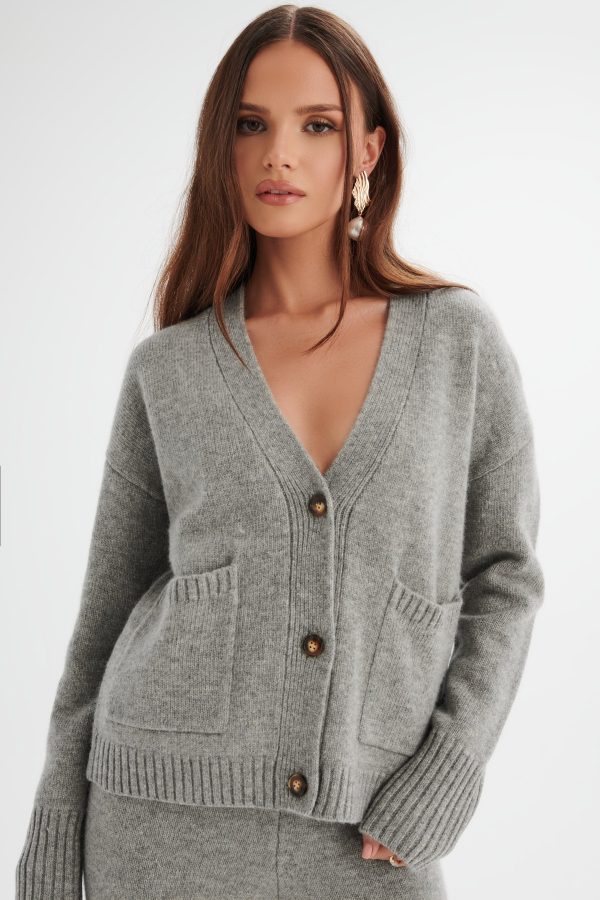 NELLA Knitted Cashmere Blend Relaxed Cardigan In Grey - Image 3