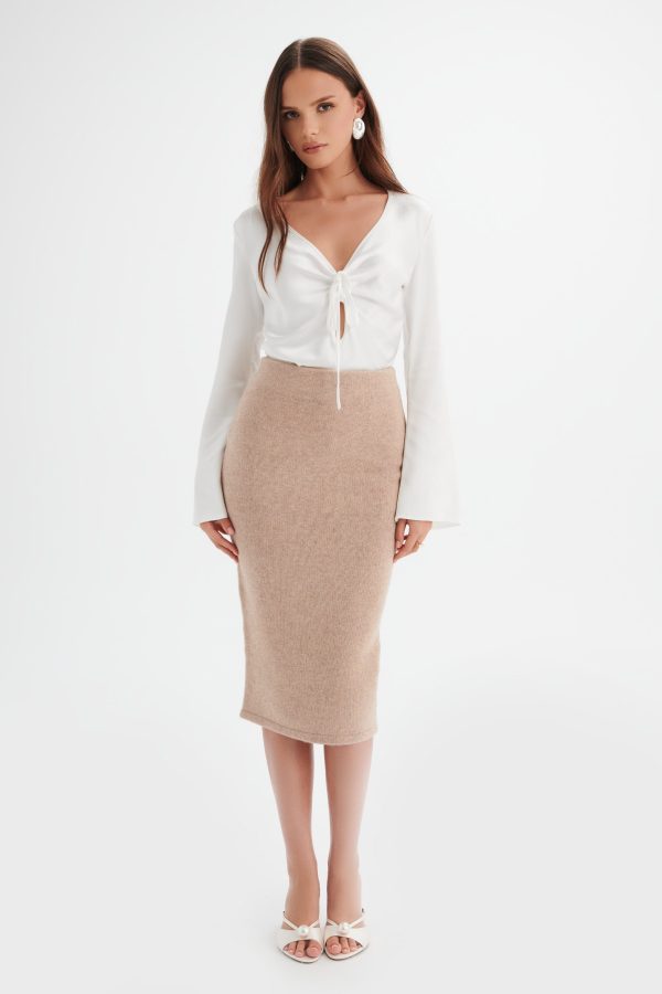 MARTINA Knitted Cashmere Blend Midi Skirt In Beige - Image 4