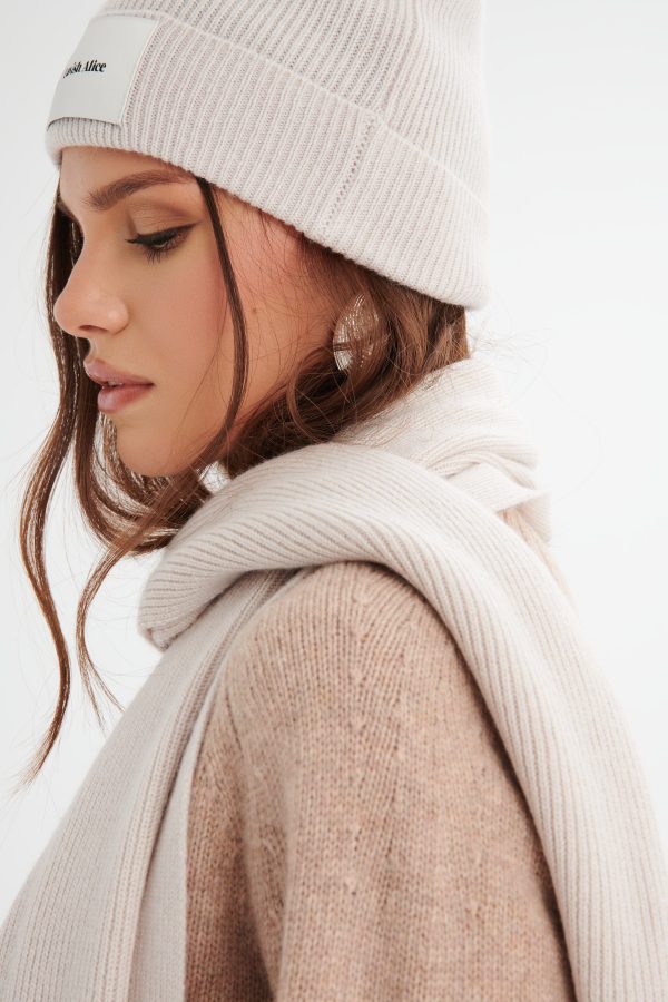 EZRA Knitted Cashmere Blend Beanie in Sand - Image 2