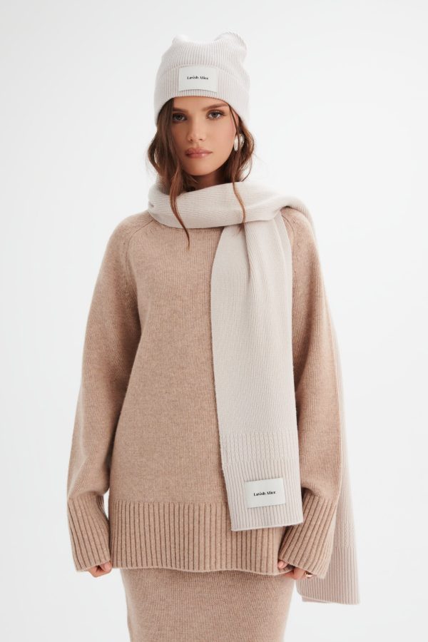 EZRA Knitted Cashmere Blend Beanie in Sand - Image 3