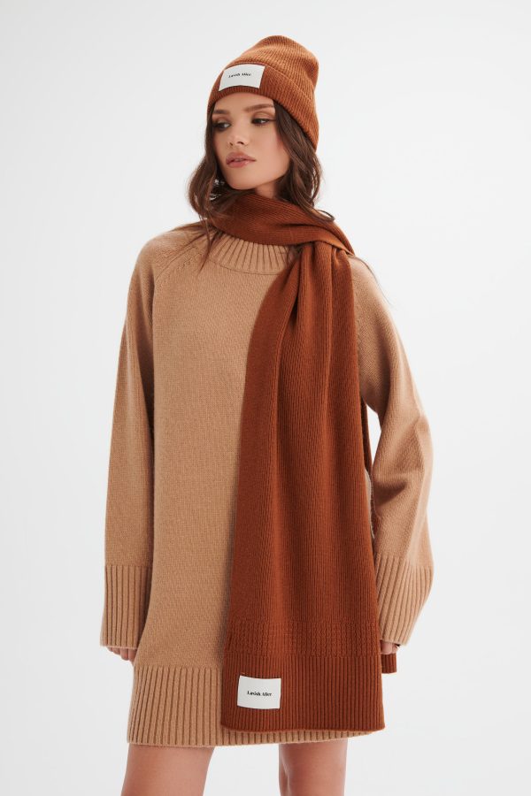 EZRA Knitted Cashmere Blend Beanie in Camel - Image 2