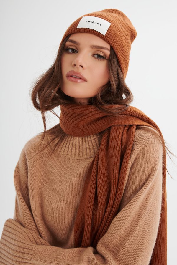 ZOHA Knitted Cashmere Blend Scarf in Camel - Image 4