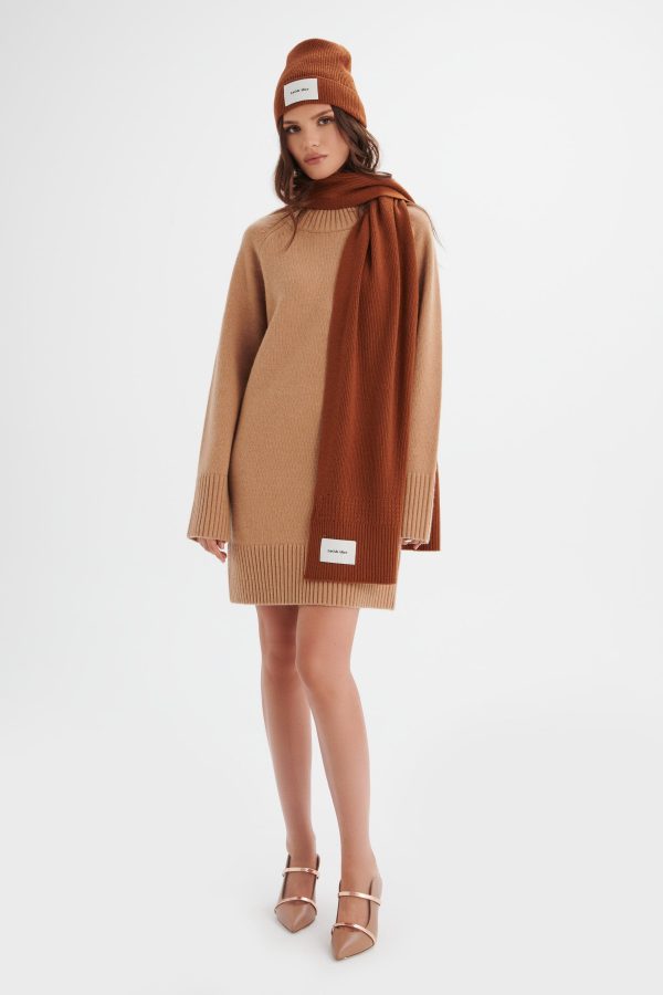 ZOHA Knitted Cashmere Blend Scarf in Camel - Image 5