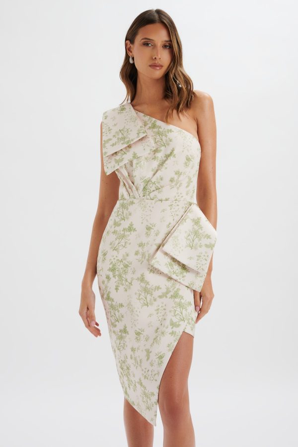 BLOOM One Shoulder Bow Detail Satin Midi Dress in Green Porcelain Print