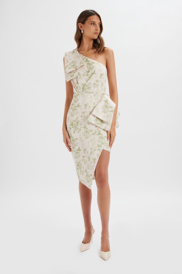 BLOOM One Shoulder Bow Detail Satin Midi Dress in Green Porcelain Print - Image 2