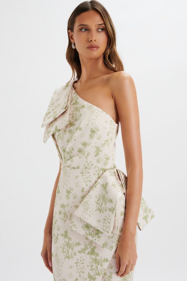 BLOOM One Shoulder Bow Detail Satin Midi Dress in Green Porcelain Print - Image 3